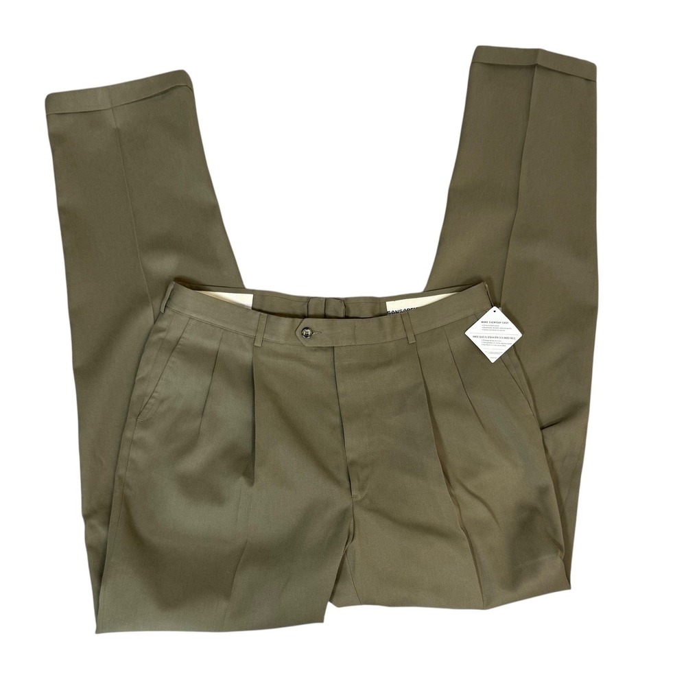 Sansabelt Mens Retro Pleated Front Khaki Olive Green Pants 38x38 NWT